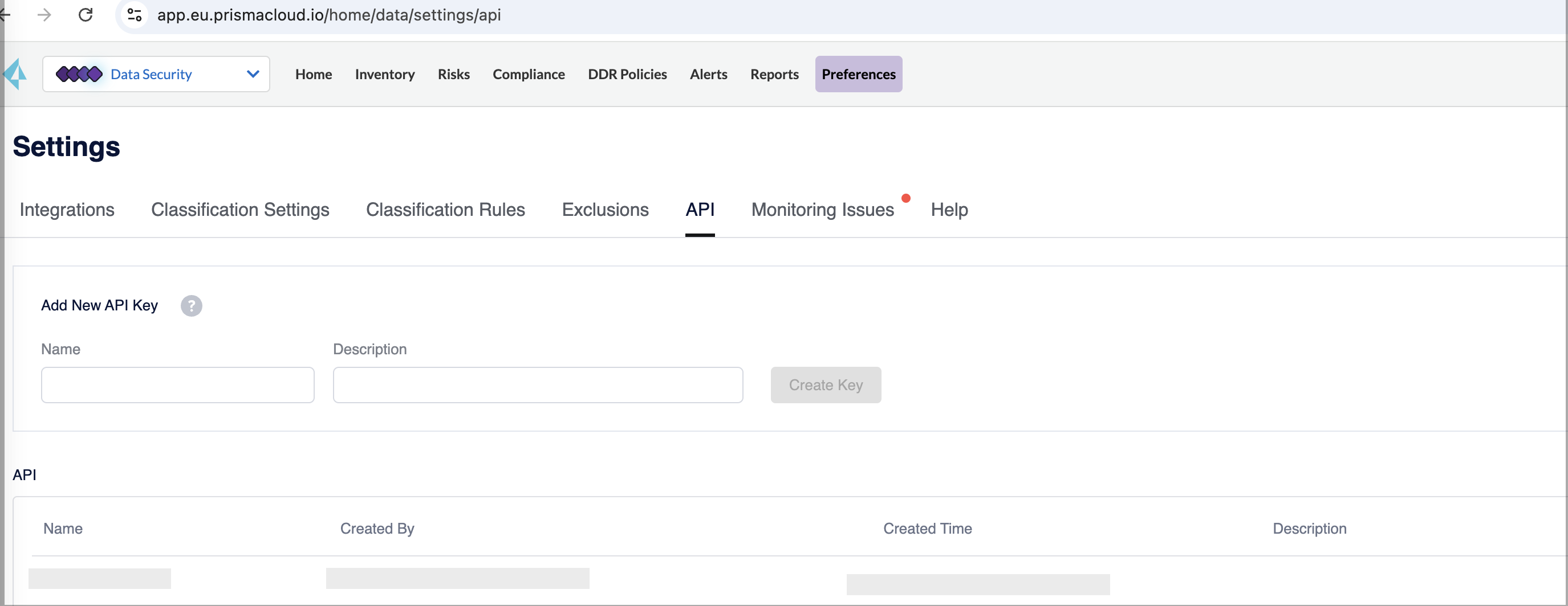 DSPM API key tab